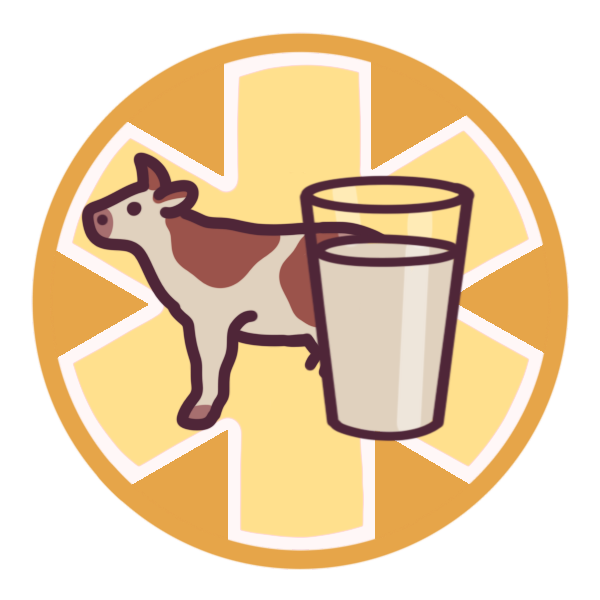 a yellow circle with a large medical alert asterisk inside it, and a cow next to a glass of milk pictured in the center.